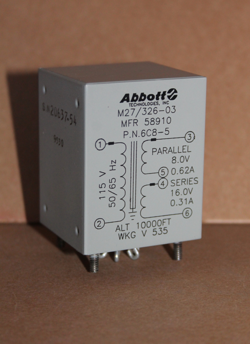 Voltage transformer, 115V pri, 8/16VAC sec, 0.31-0.62A, 6C8-5 M27/326-03 Abbott