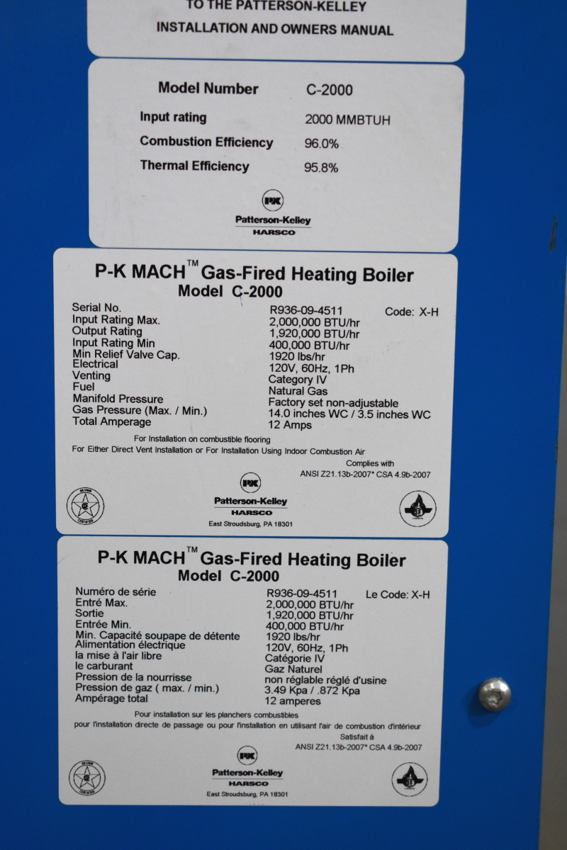 MACH C-2000 PK Patterson condensing Boiler, Natural Gas Fired, 1920K BTU