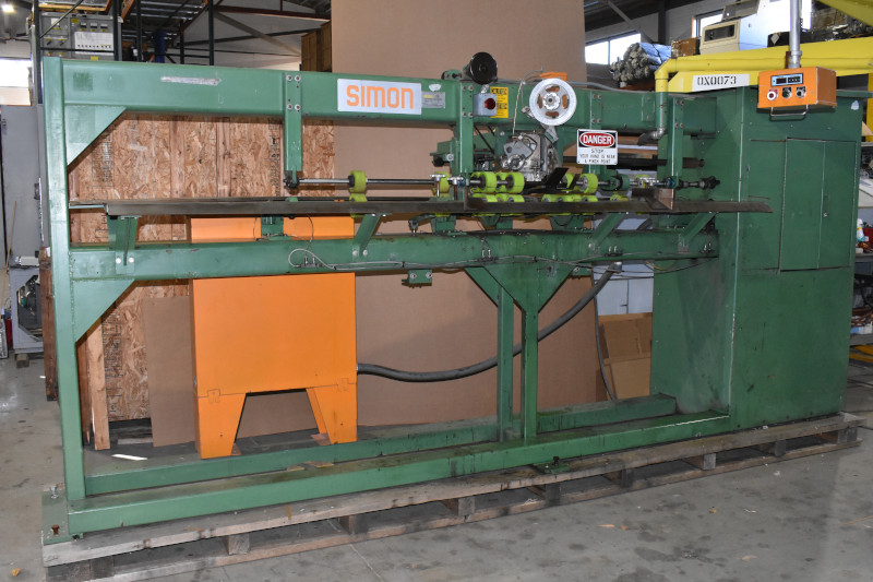 Simon semi-automatic corrugated cardboard box stitcher w/feed elevator